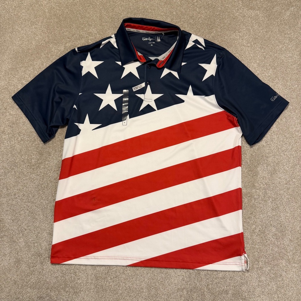 Walter Hagen Golf Polo Men XL Red White Blue American Flag Stars Stripes UPF 50+